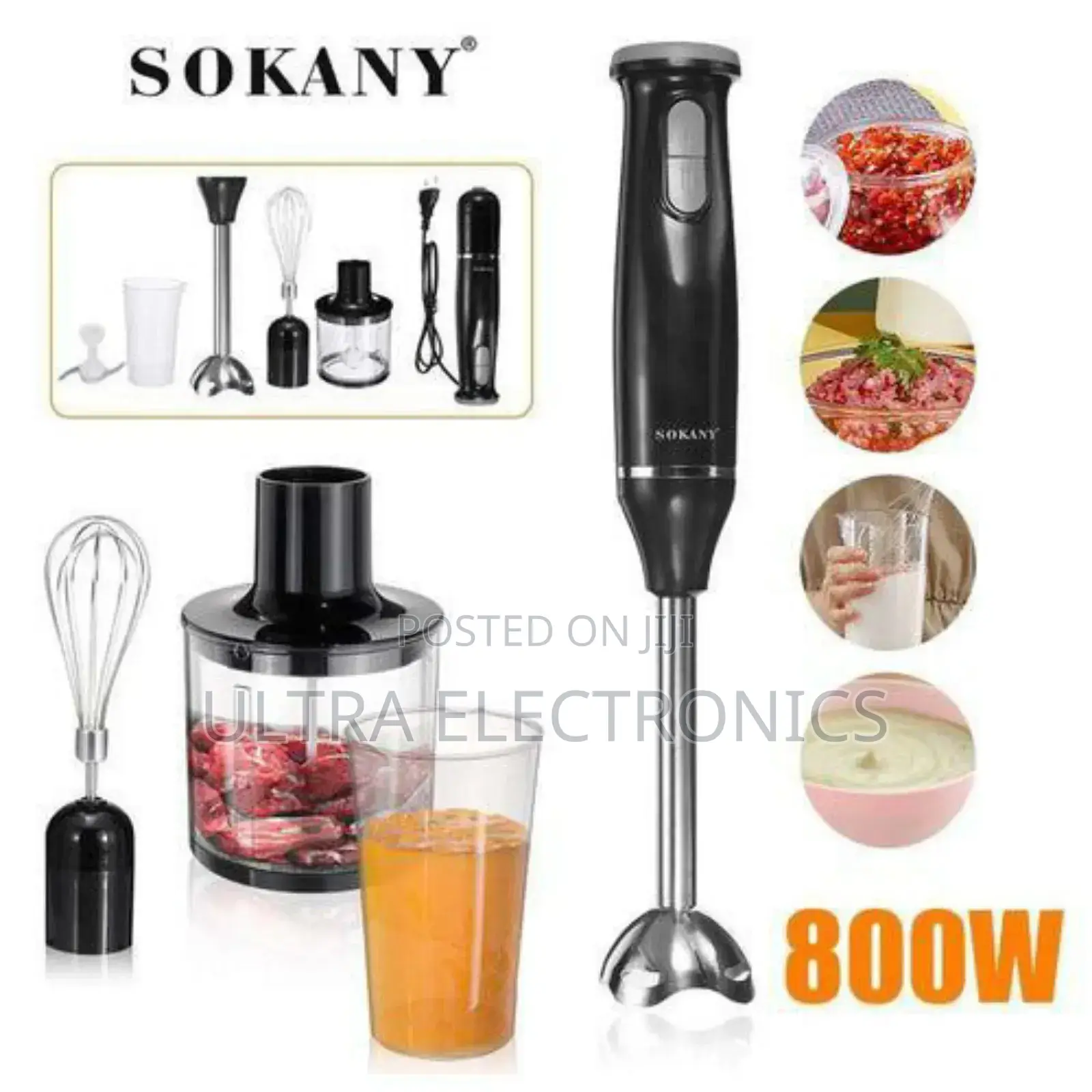 Sokany Sk-1714-5 5-in-1 Hand Blender Set With an 800w Motor in Black.