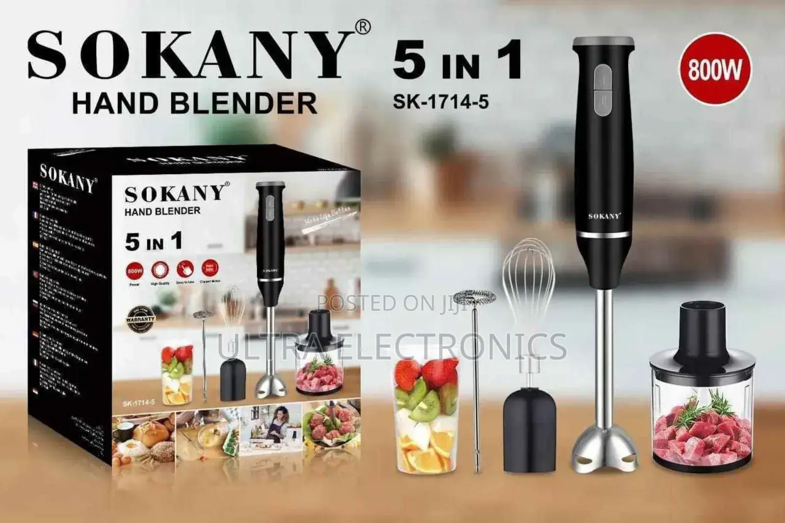 Sokany Sk-1714-5 5-in-1 Hand Blender Set With an 800w Motor in Black.