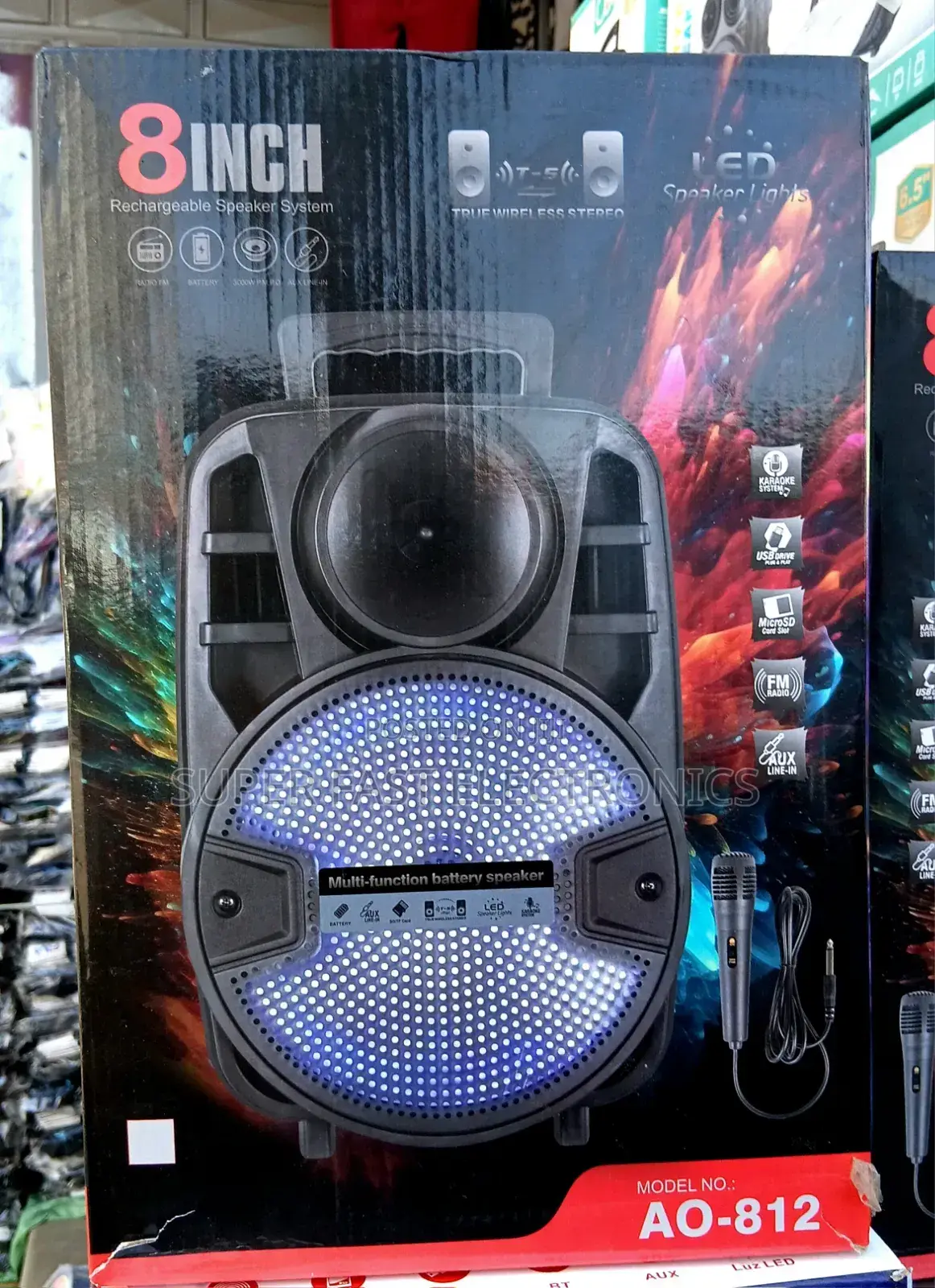 Ingh 8-Inch Rechargeable Speaker With Microphone and Led Lights
