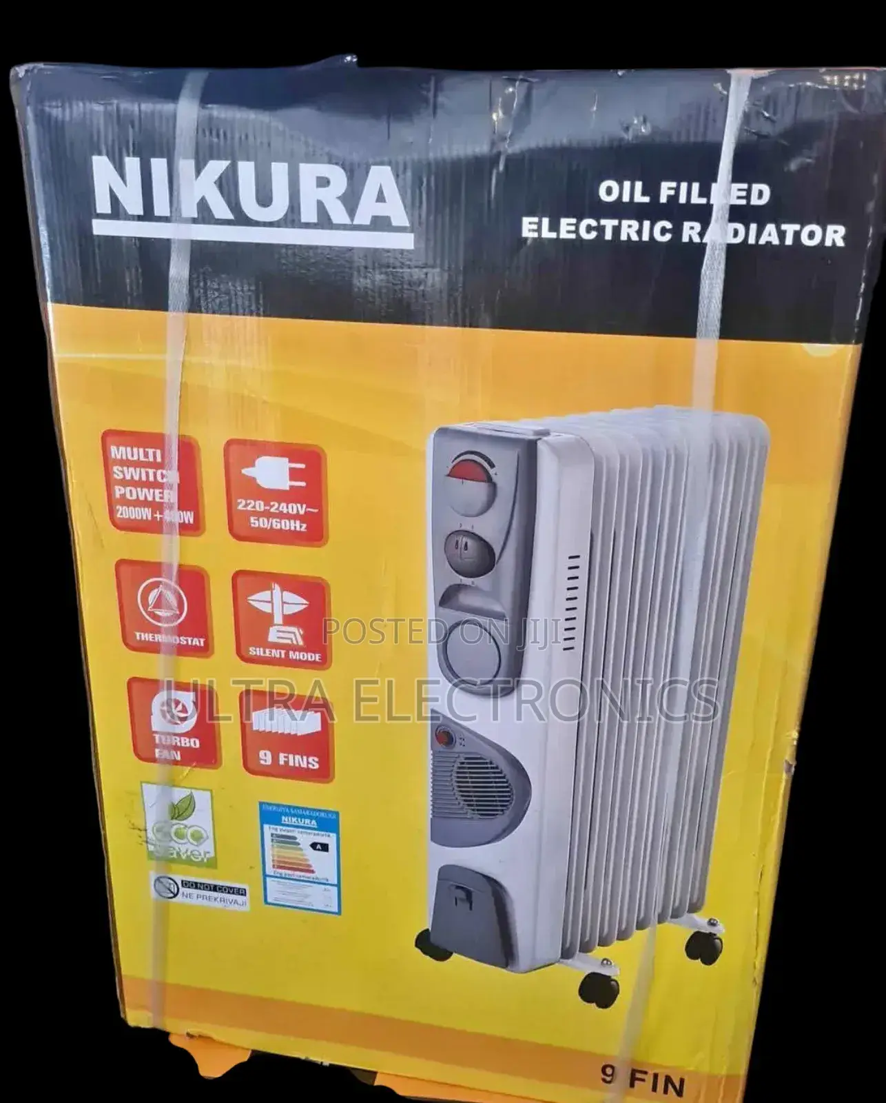 Fan Heater Nikura Brand 9-Fin Oil-Filled Electric Radiator in White.