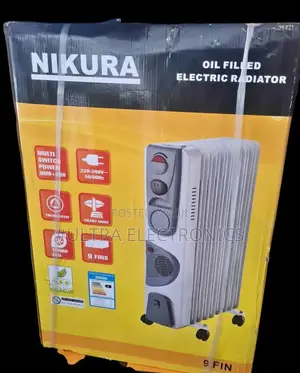 Fan Heater Nikura Brand 9-Fin Oil-Filled Electric Radiator in White.