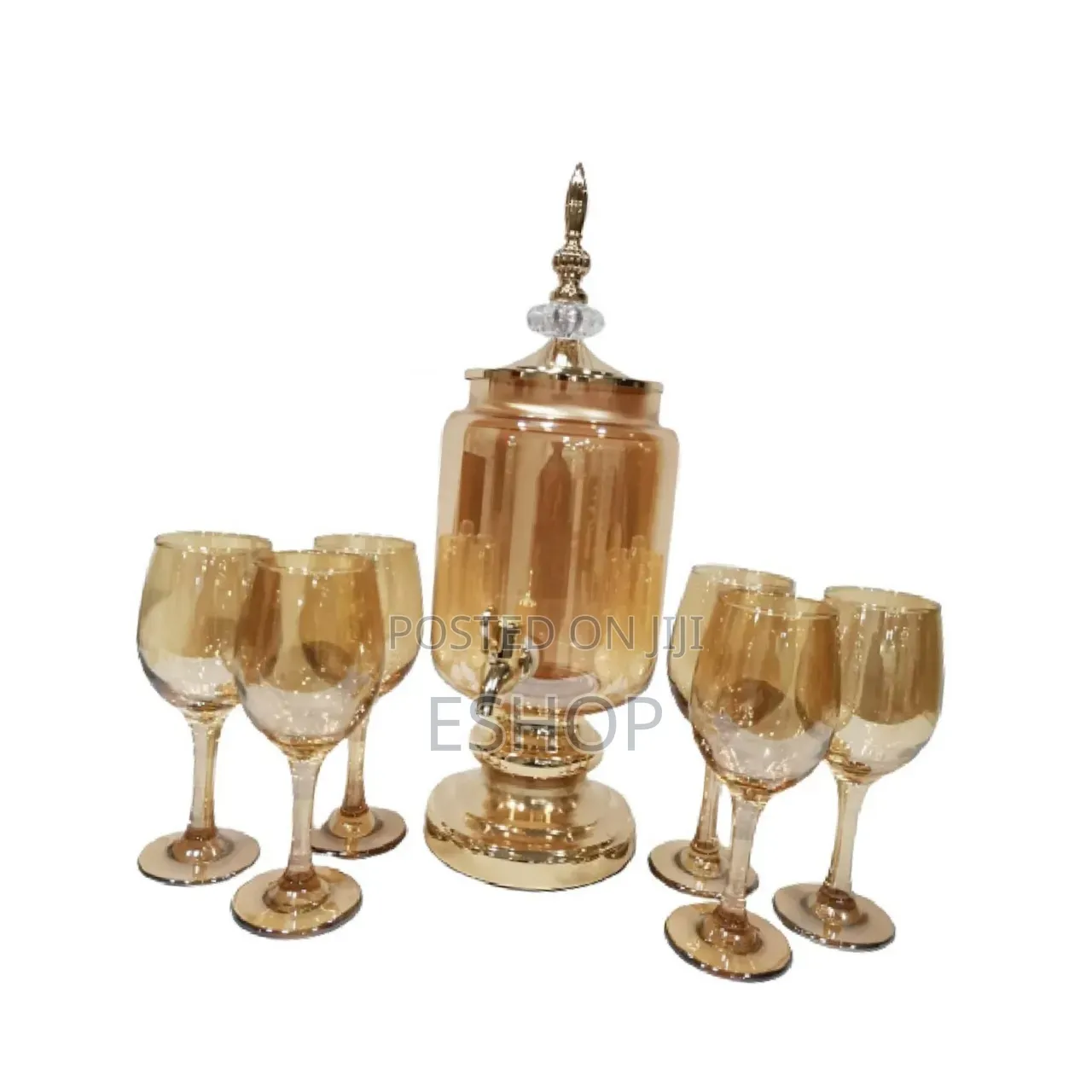 Antique Charm Golden Amber Drink Dispenser With 6 Glasses