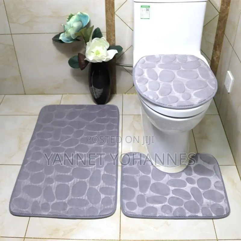 3pcs Stone Design Bathroom Mat Set Non Slip Toilet Rug Cover Set