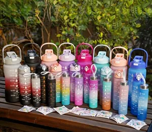 Large Capacity Frosted Gradient Plastic Water Bottle, Featuring a Time