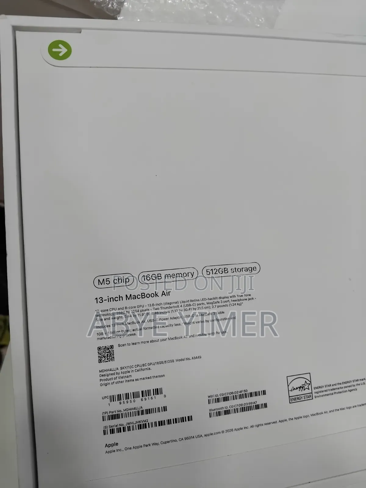 New Laptop Apple MacBook Air 2026 M5 13-inch 16GB Apple M5 SSD 512GB