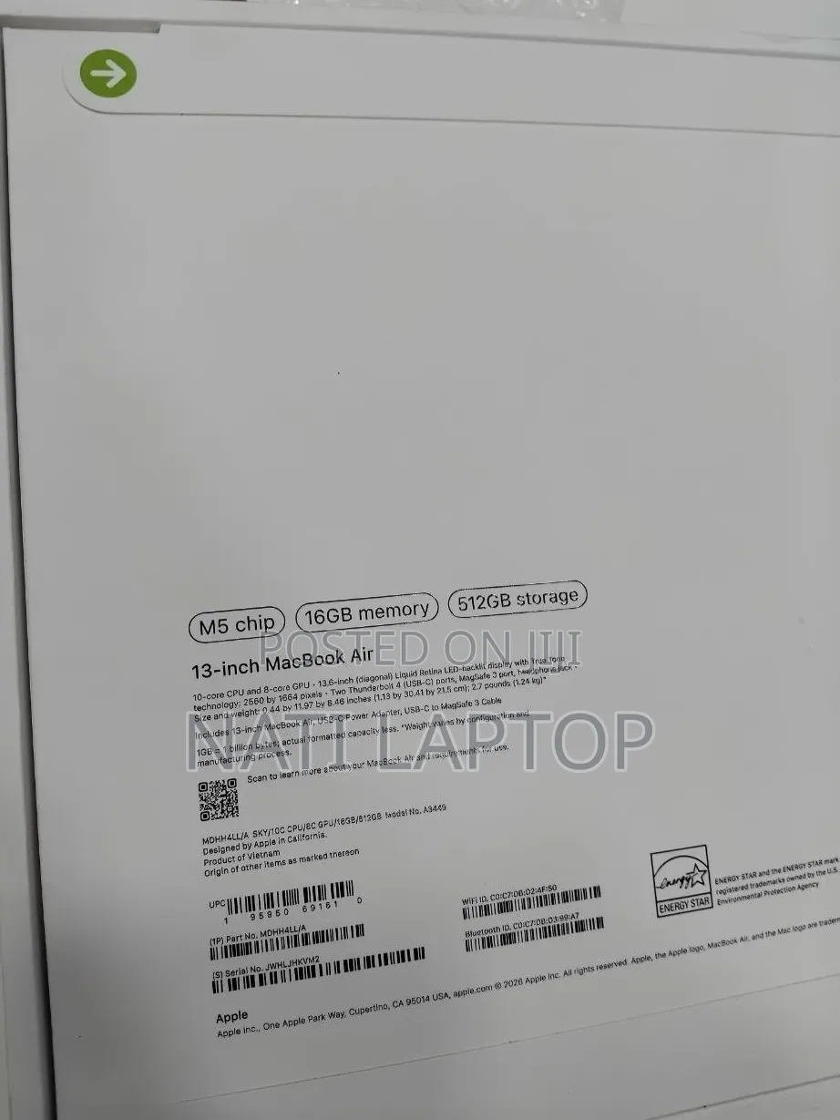 New Laptop Apple MacBook Air 2026 M5 13-inch 16GB Apple M5 SSD 512GB