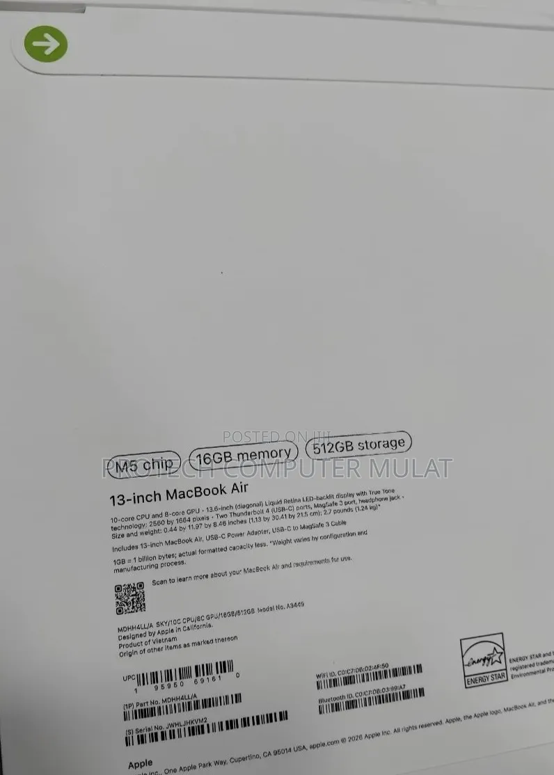 New Laptop Apple MacBook Air 2026 M5 13-inch 16GB Apple M5 SSD 512GB