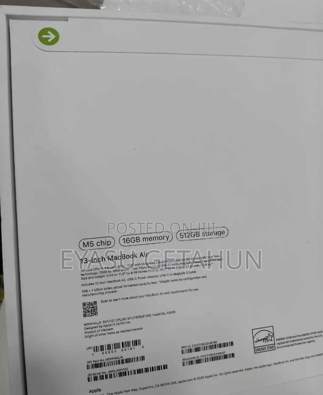 New Laptop Apple MacBook Air 2026 M5 13-inch 16GB Apple M5 SSD 512GB