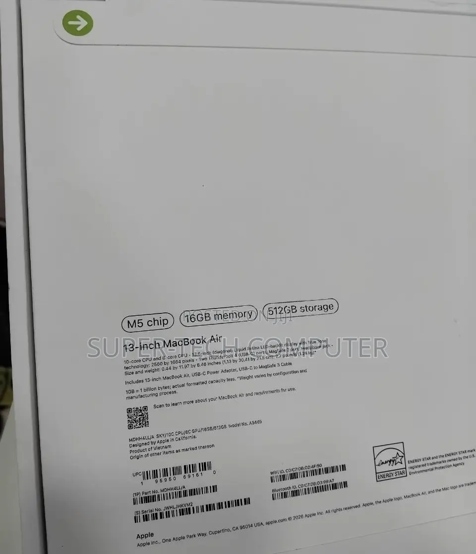 New Laptop Apple MacBook Air 2026 M5 13-inch 16GB Apple M5 SSD 512GB