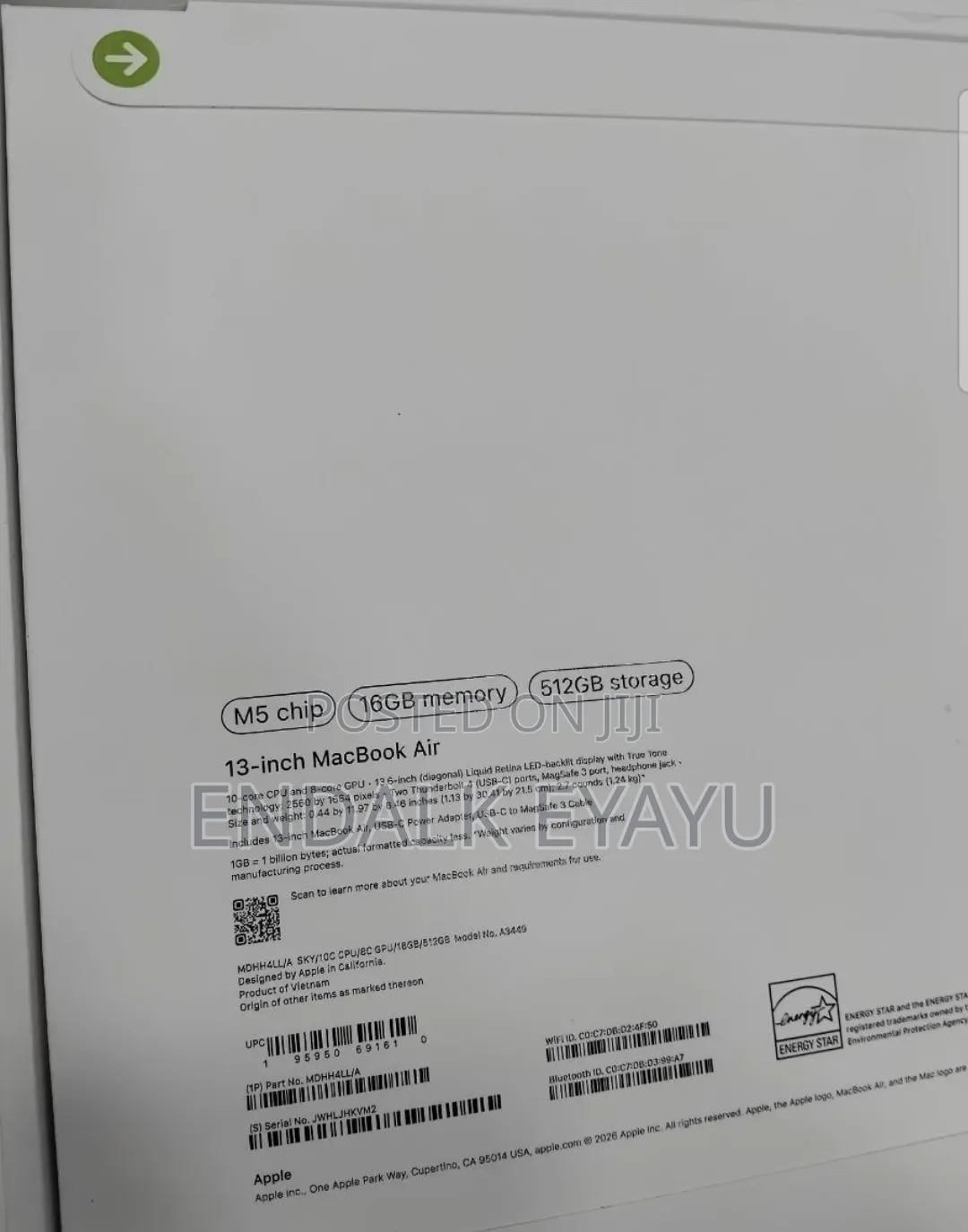 New Laptop Apple MacBook Air 2026 M5 13-inch 16GB Apple M5 SSD 512GB