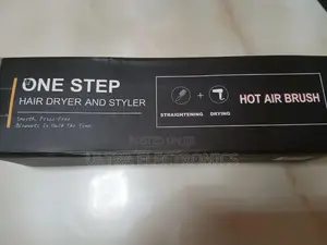 One Step Branded Hot Air Hair Dryer and Styler in a Black Box.