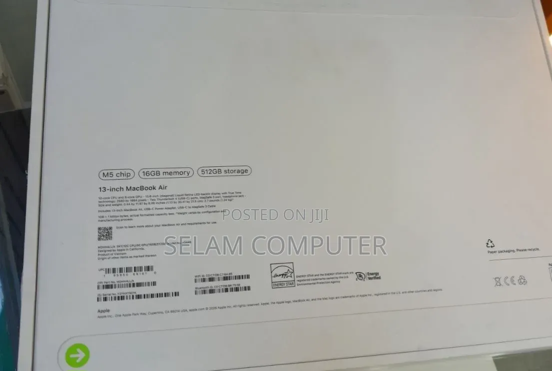 New Laptop Apple MacBook Air 2026 M5 13-inch 16GB Apple M5 SSD 512GB