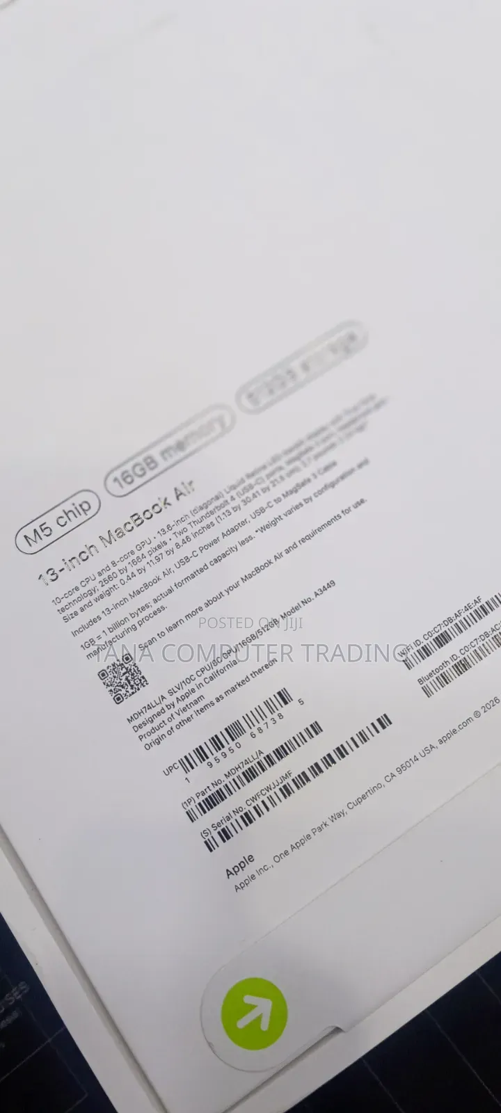 New Laptop Apple MacBook Air 2026 M5 13-inch 16GB Apple M5 SSD 512GB