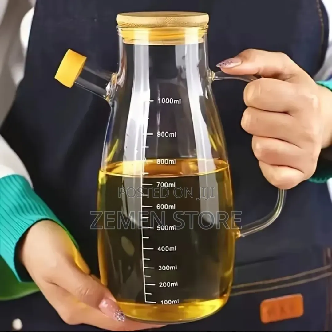 Large 1.1l Glass Oil Dispenser Wooden Lid ዘይት መቀነሻ