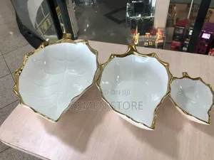 3pcs Gold Rim Leaf Ceramic Bowl Set ወርቃማ የወጥ ማቅረቢያ