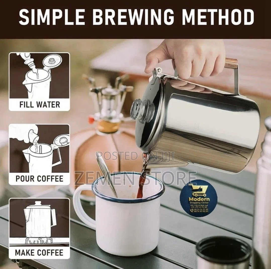 9-Cup Stainless Steel Percolator Coffee Pot Wood Handle የቡና ማፍያ