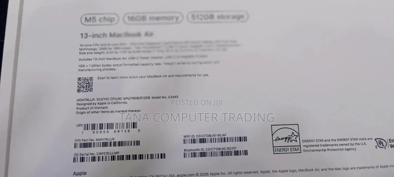 New Laptop Apple MacBook Air 2026 M5 13-inch 16GB Apple M5 SSD 512GB