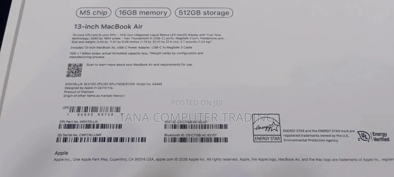 New Laptop Apple MacBook Air 2026 M5 13-inch 16GB Apple M5 SSD 512GB