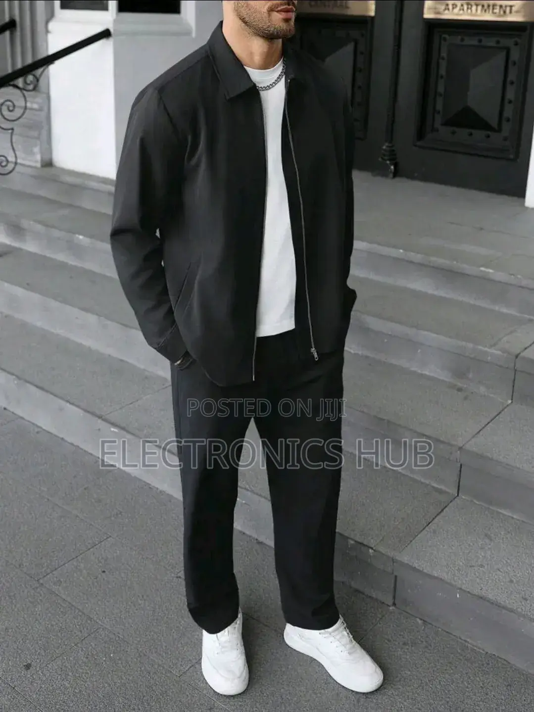 Manfinity Homme Men's Solid Color Zip-Up Jacket and Pants Set in Black