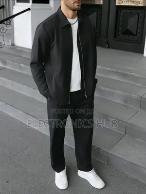 Manfinity Homme Men's Solid Color Zip-Up Jacket and Pants Set in Black