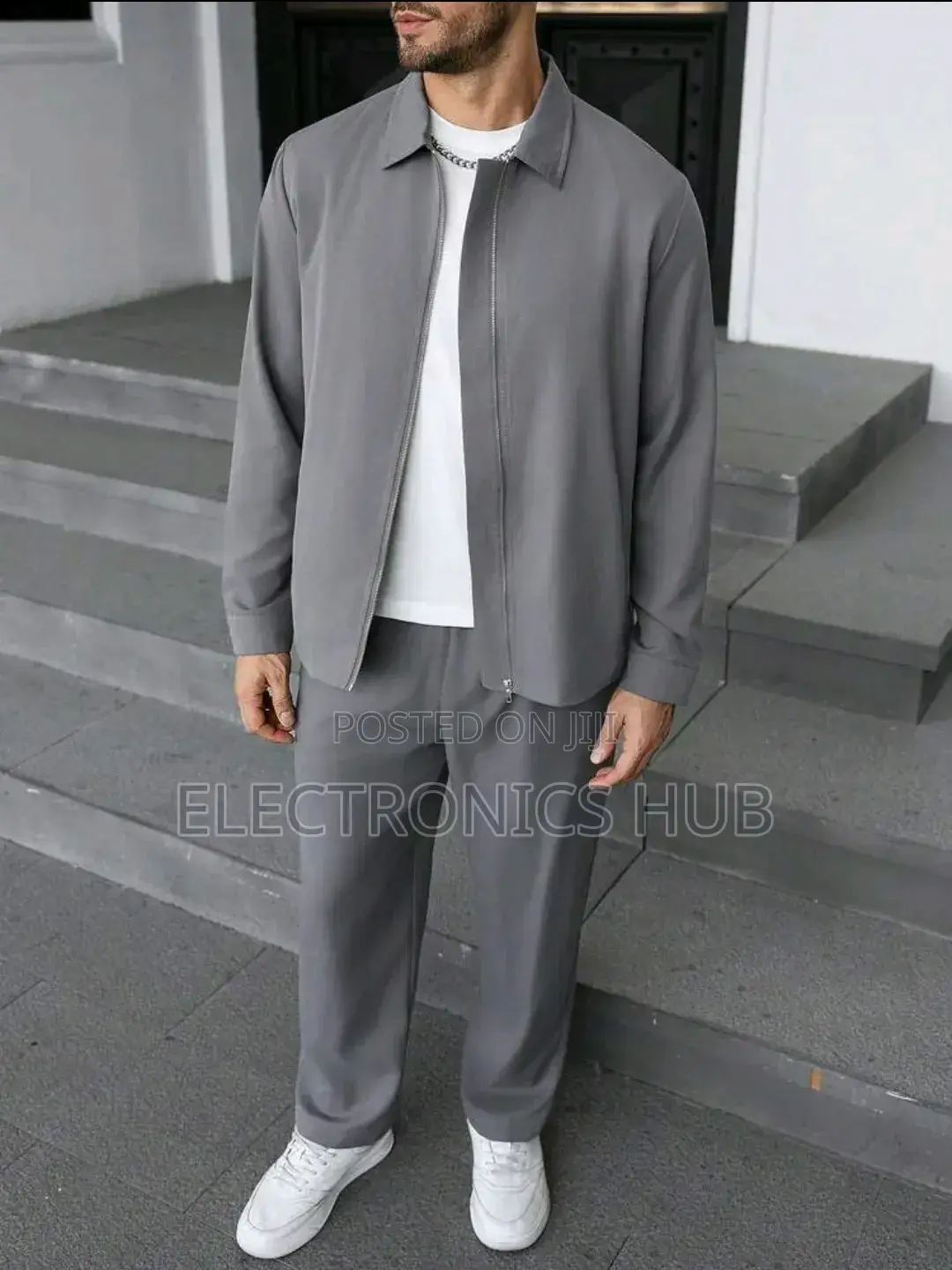 Manfinity Homme Men's Casual Grey Solid Color Zip-Up Jacket and Pants
