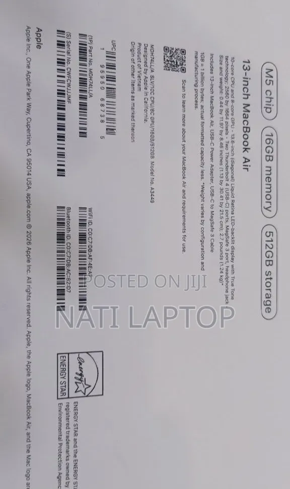 New Laptop Apple MacBook Air 2026 M5 13-inch 16GB Apple M5 SSD 512GB