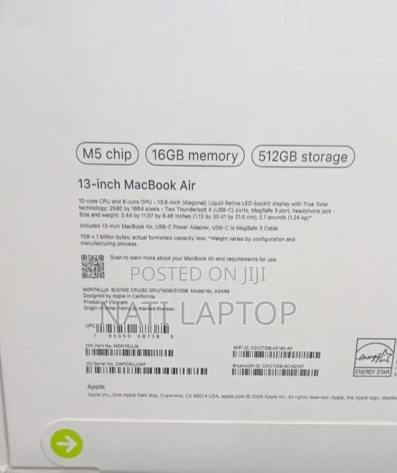 New Laptop Apple MacBook Air 2026 M5 13-inch 16GB Apple M5 SSD 512GB