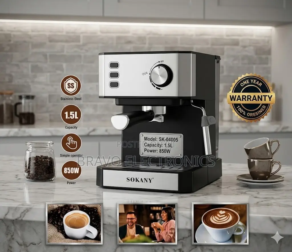 Sokany Stainless Espresso Machine – 1.5l | 850w | Best Price in Addis!