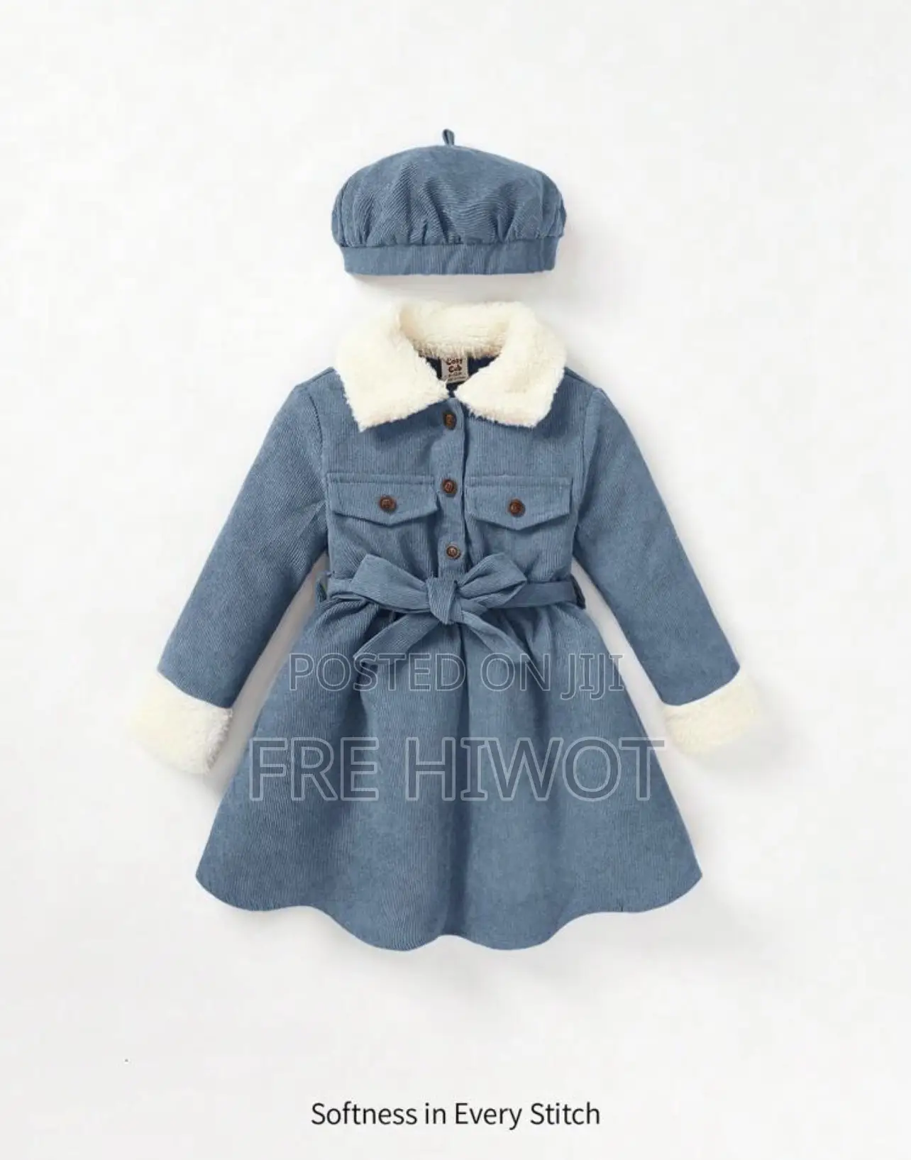 2pcs/Set Baby Girls ' Plush Collar Long Sleeve Waisted Dress With Hat