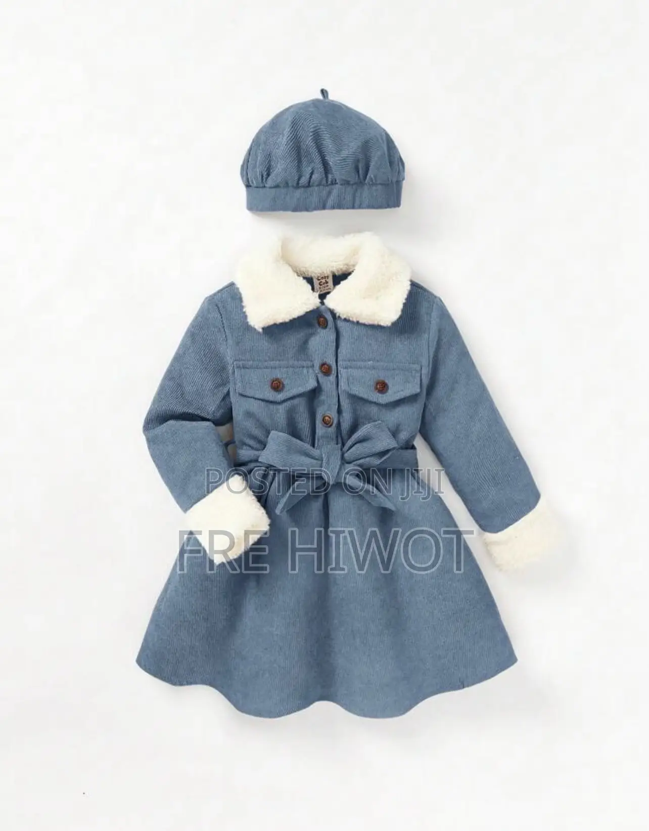 2pcs/Set Baby Girls ' Plush Collar Long Sleeve Waisted Dress With Hat