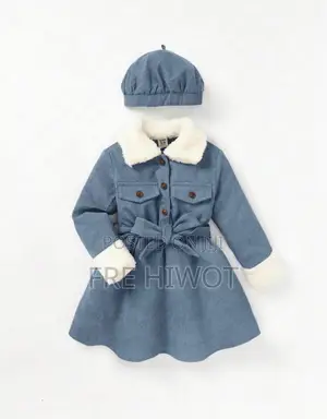 2pcs/Set Baby Girls ' Plush Collar Long Sleeve Waisted Dress With Hat