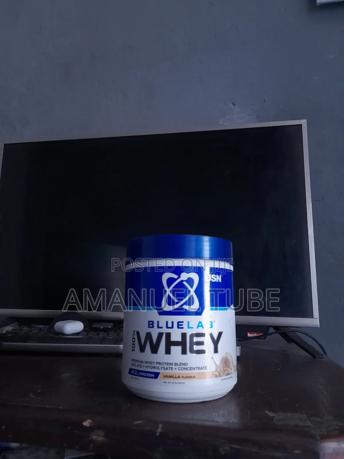 Usn Blue Lab 100% Whey Protein Powder in Vanilla Flavor.