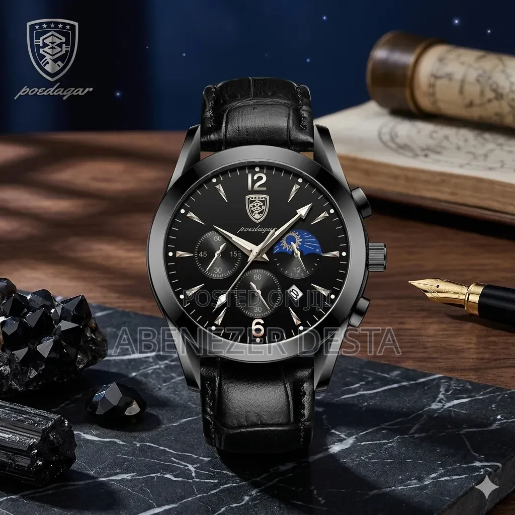 Poedagar Men's Chronograph Quartz Watch Black Leather Strap and Black