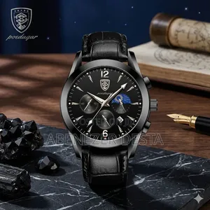 Poedagar Men's Chronograph Quartz Watch Black Leather Strap and Black