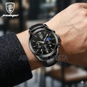 Poedagar Men's Chronograph Quartz Watch Black Leather Strap and Black