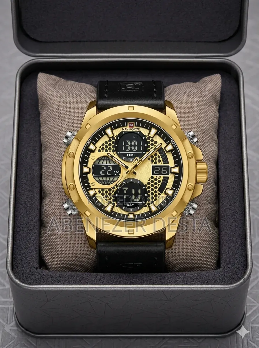 Naviforce Nf9225 Men's Sports Watch Featuring a Gold Caseblack Leather
