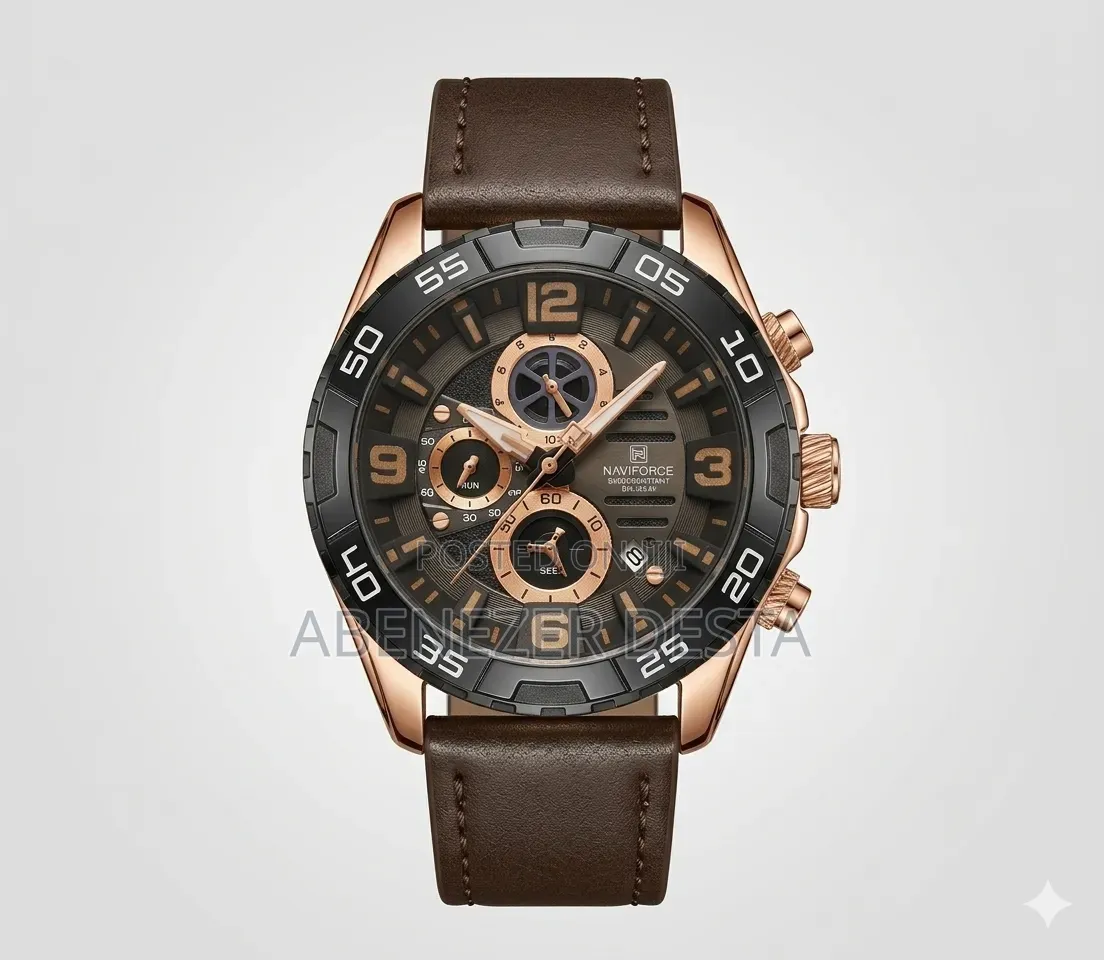 A Naviforce Quartz Watch a Rose Gold Case and Brown Leather Strap