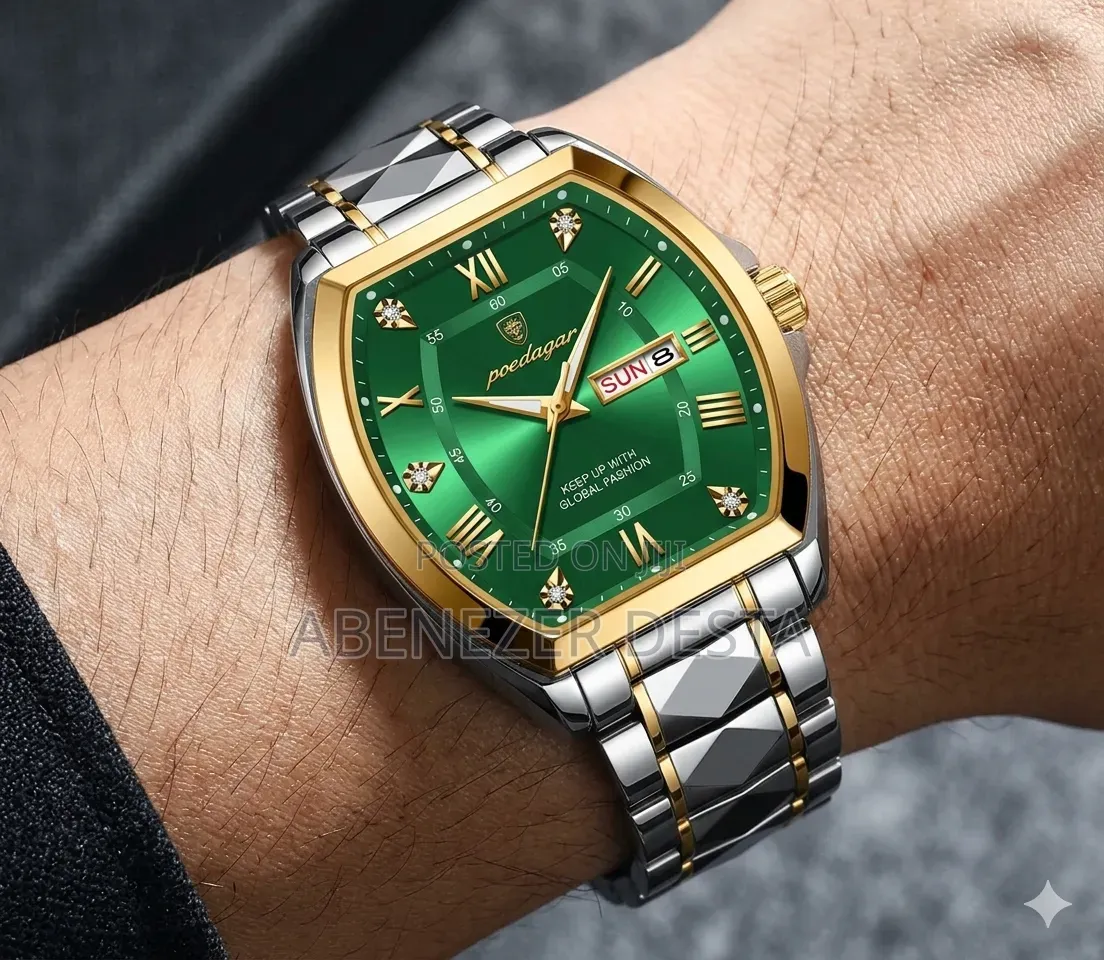 Poedagar Model 958 Luxury Men's Watch With a Green Dial and Gold-Tone