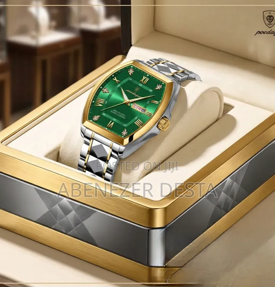 Poedagar Model 958 Luxury Men's Watch With a Green Dial and Gold-Tone