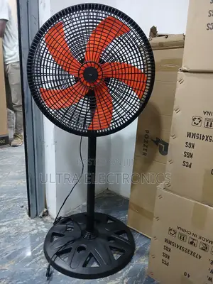 Pacific 18-Inch Standing Floor Fan With Orange Blades and a Black
