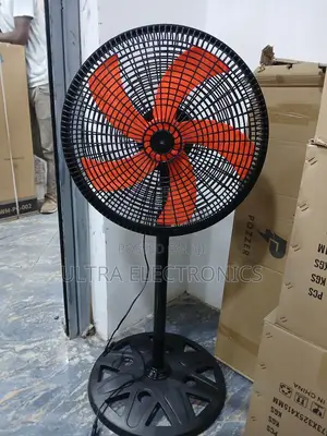 Pacific 18-Inch Standing Floor Fan With Orange Blades and a Black