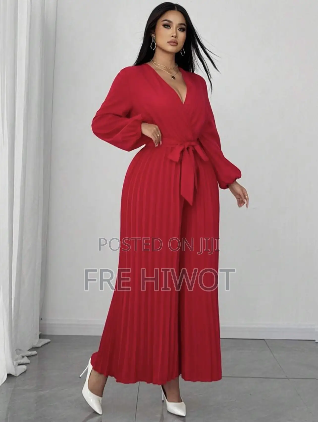 Women's Plus Size Elegant Pure Red Woven Non-Stretch Fabric Jumpsuit