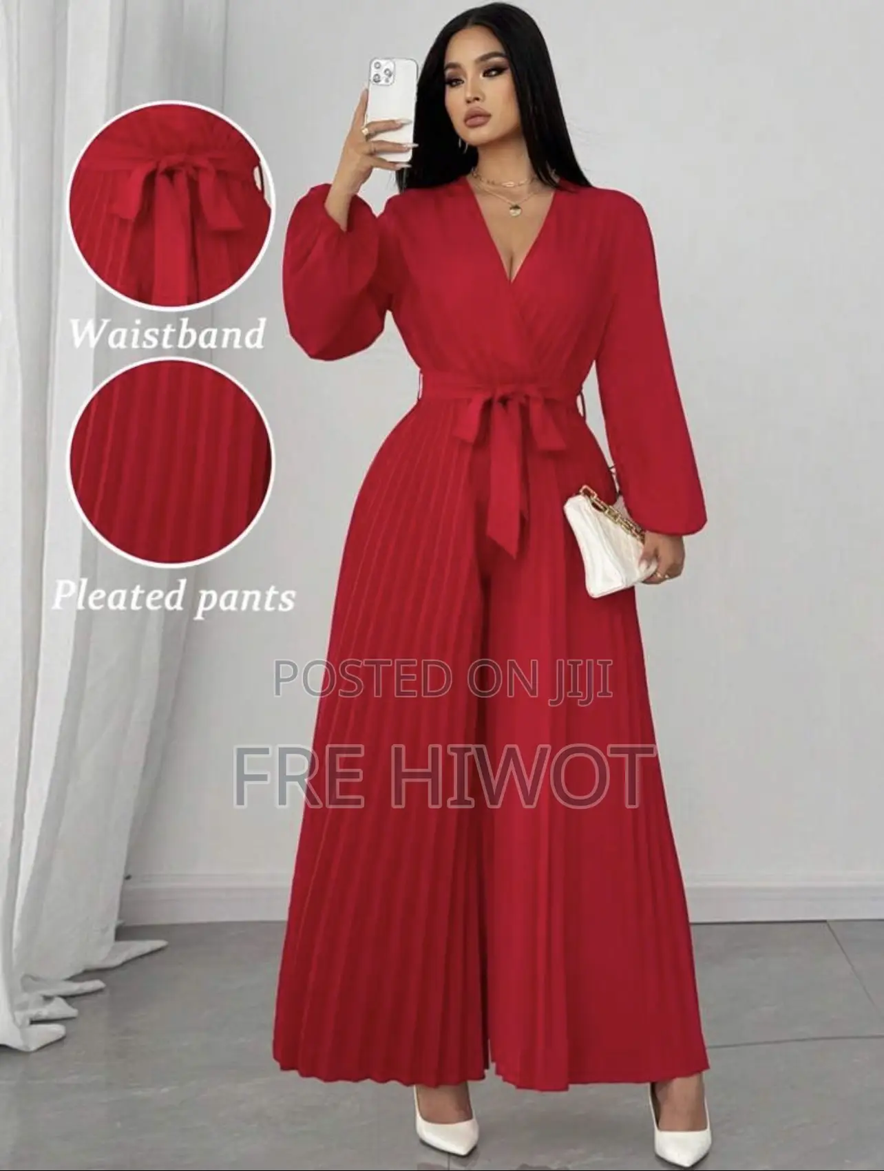 Women's Plus Size Elegant Pure Red Woven Non-Stretch Fabric Jumpsuit