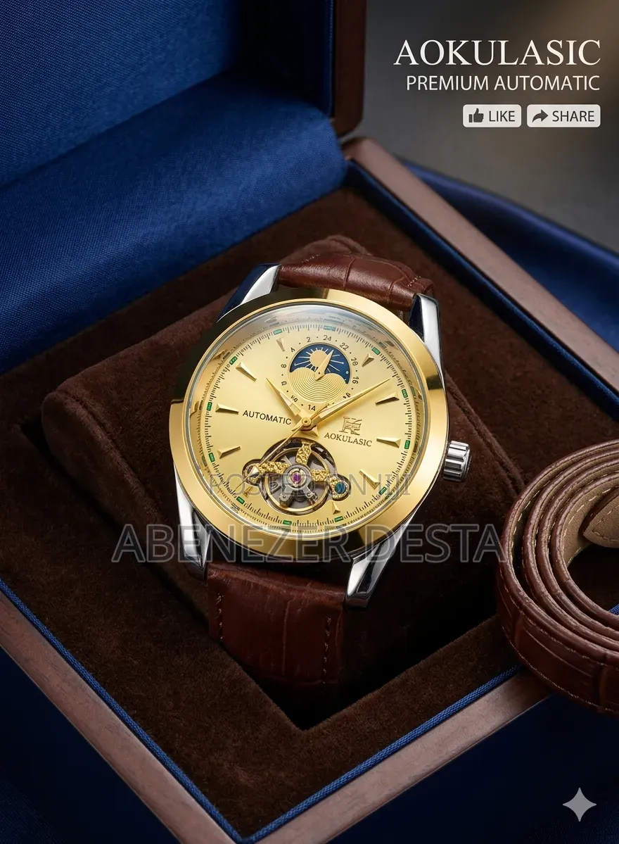 Aokulasic Men's Automatic Mechanical Watch With a Gold-Colored Dial