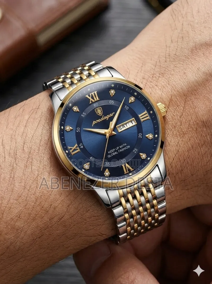 Poedagar Men's Luxury Wristwatch a Blue Dial and a Two-Tone Stainless