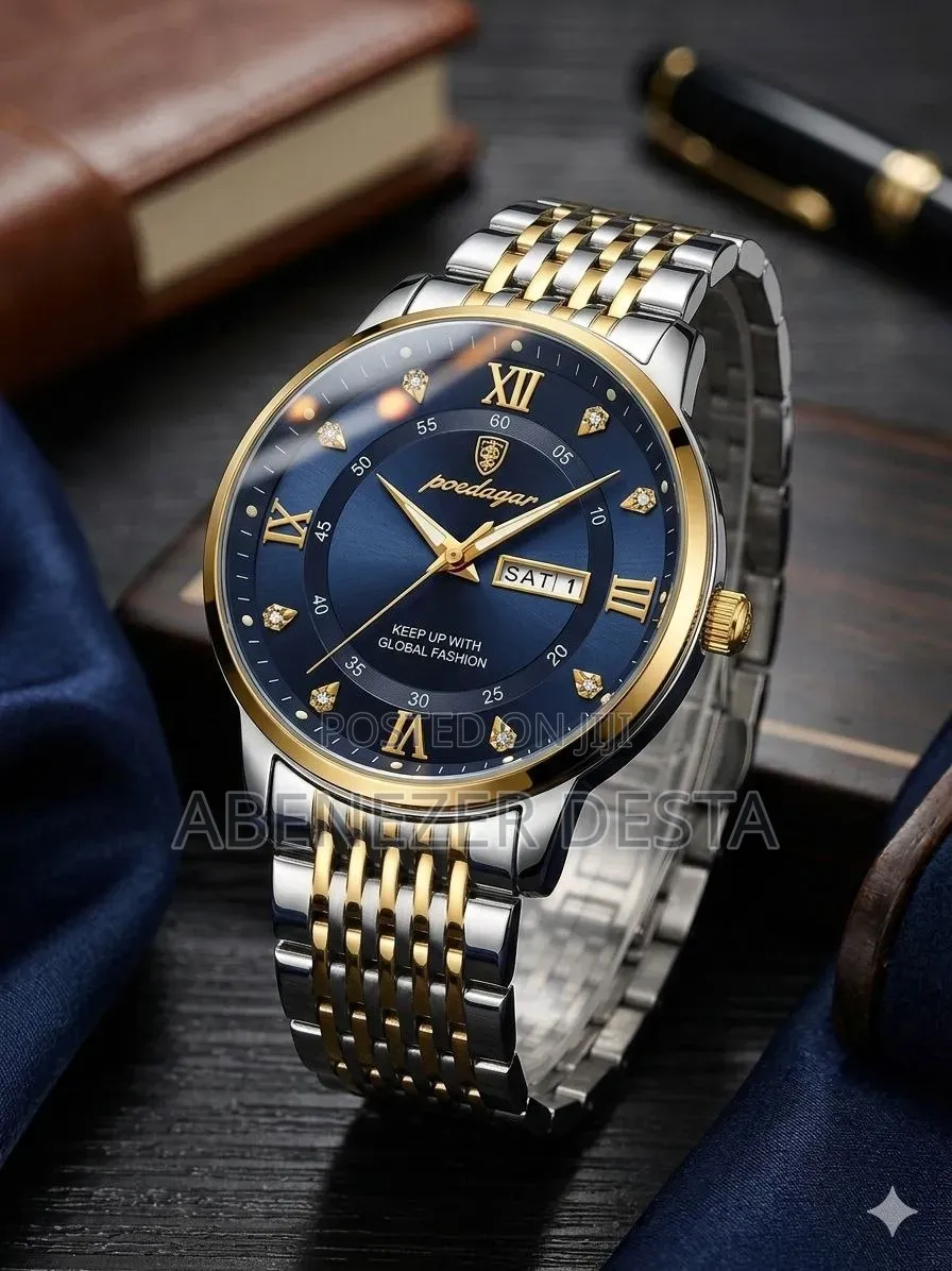 Poedagar Men's Luxury Wristwatch a Blue Dial and a Two-Tone Stainless