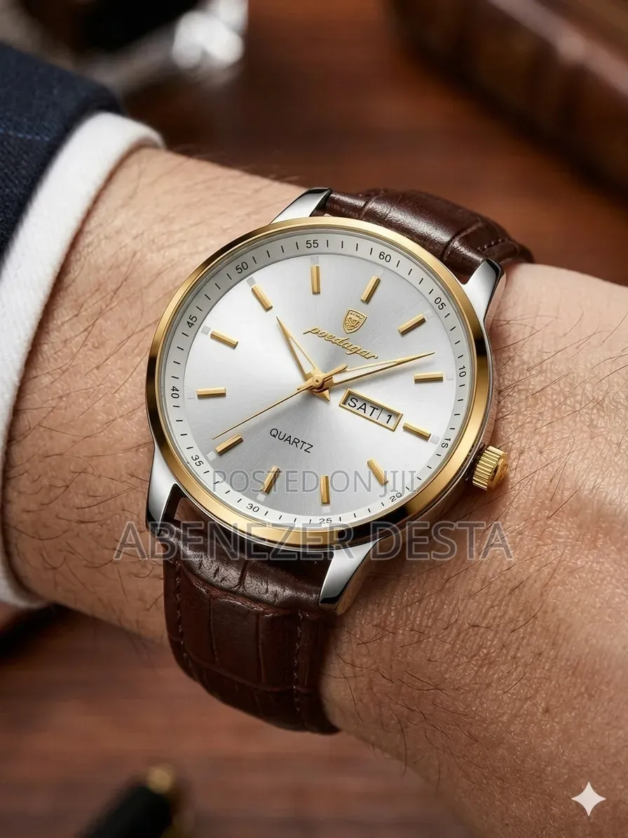 Poedagar Men's Quartz Watch With a Gold-Toned Case and Brown Leather