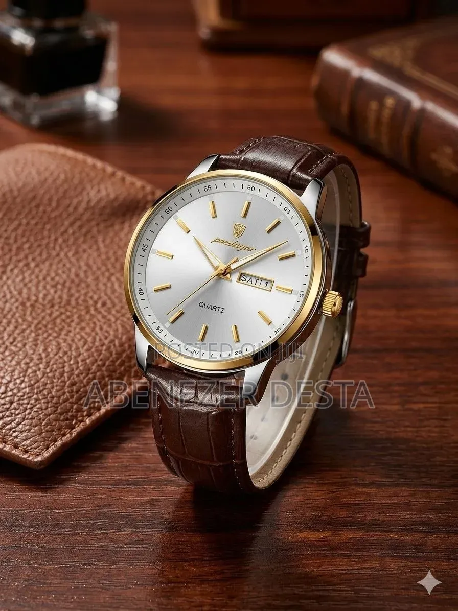 Poedagar Men's Quartz Watch With a Gold-Toned Case and Brown Leather