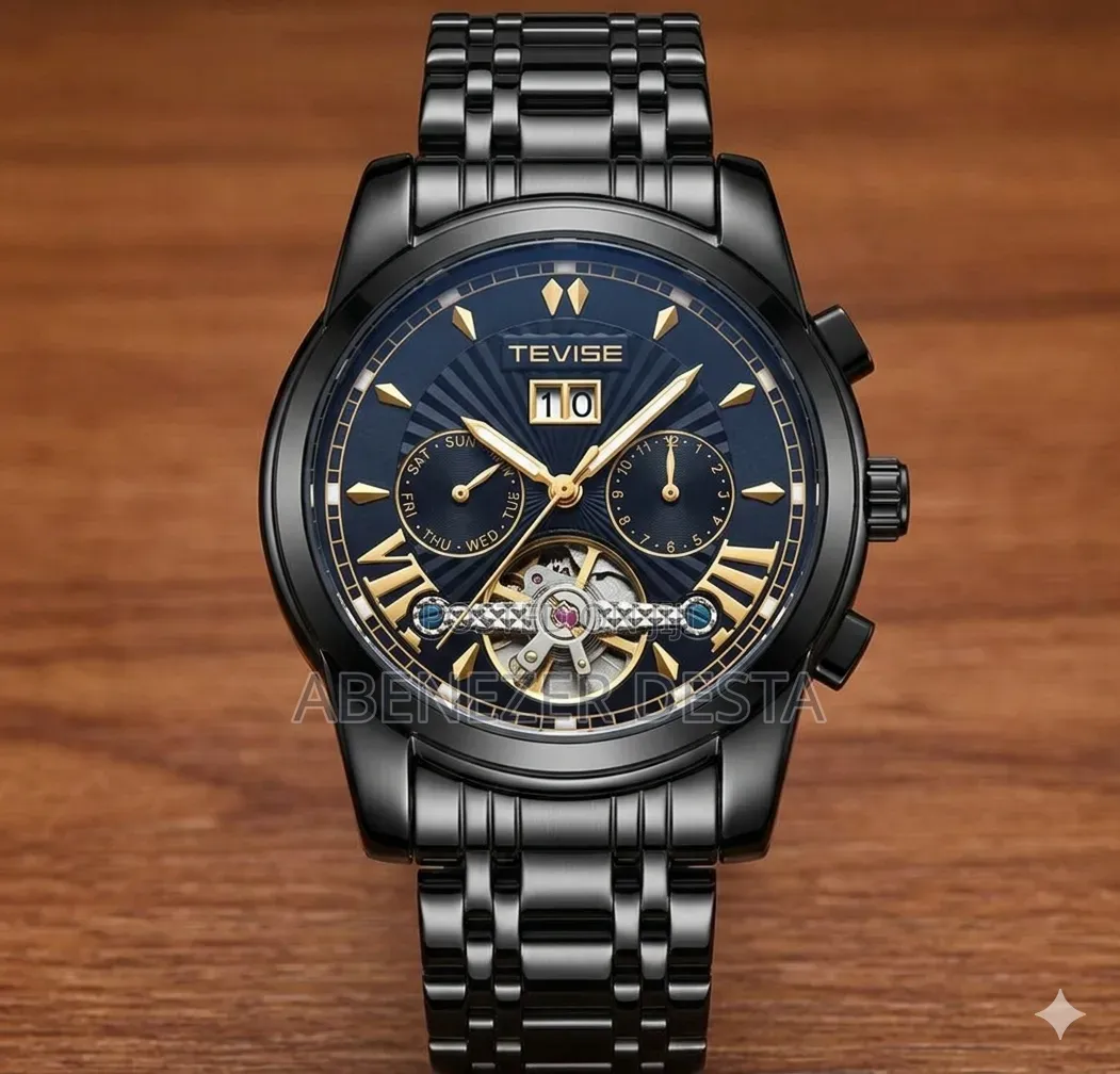 Tevise All-Black Automatic Watch With a Blue Skeleton Dial.
