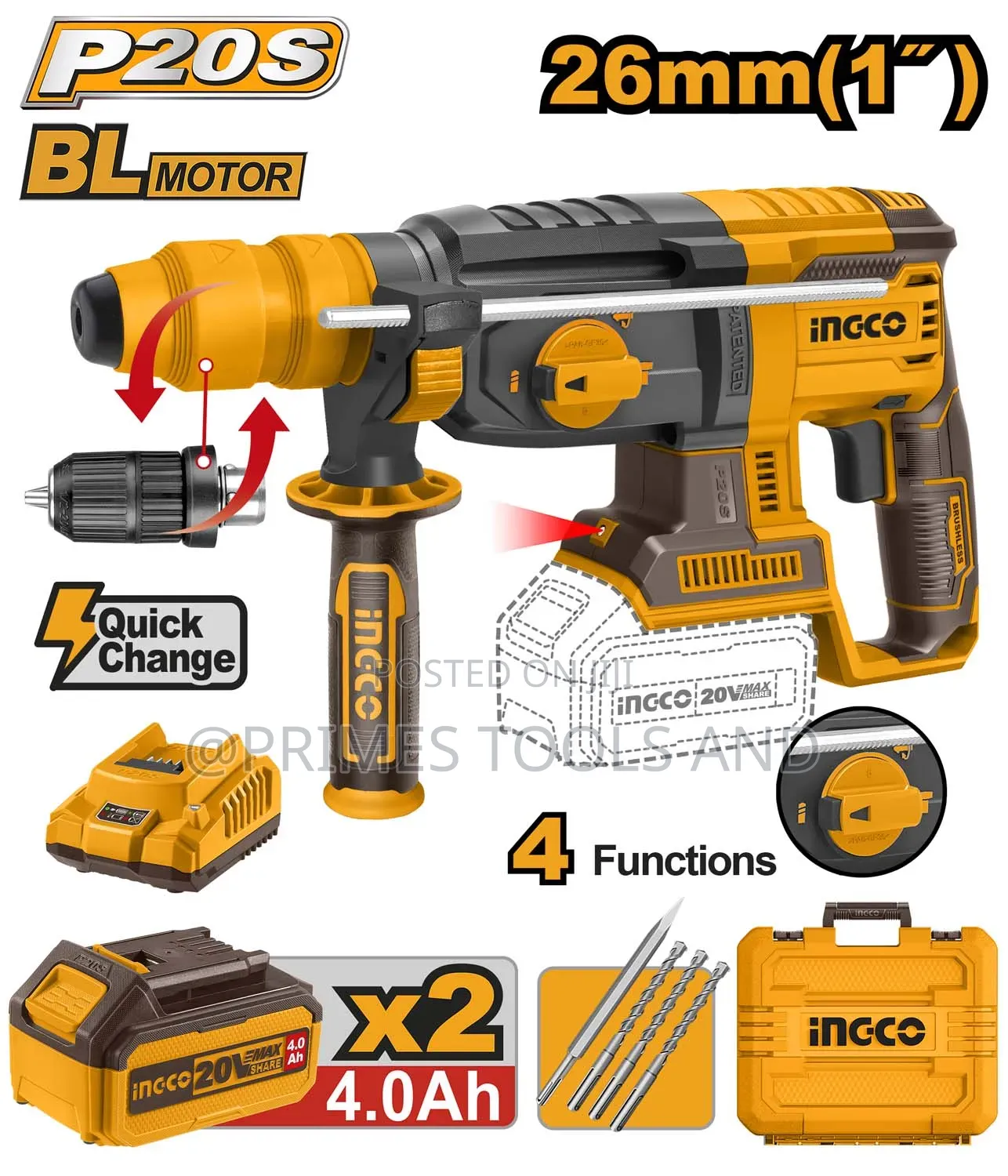 Ingco 20v Cordless Brushless Rotary Hammer
